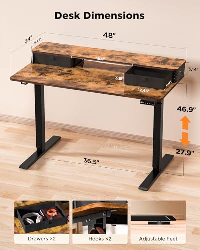 FiCiHi 48x24 Inch Electric Standing Desk, 2 Drawers, Adjustable Height Desk - color: Rustic Brown, size: 48"x24" (Standard)