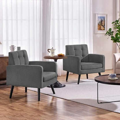Yaheetech Mid Century Accent Chairs Set of 2 Living Room Chairs Dark Gray | Linen-Like Upholstered Sillones Para Sala, Modern Reading Nook Chairs, Button Tufted Back, Rubberwood Legs, Bedroom Office - color: Dark Gray, size: set of 2