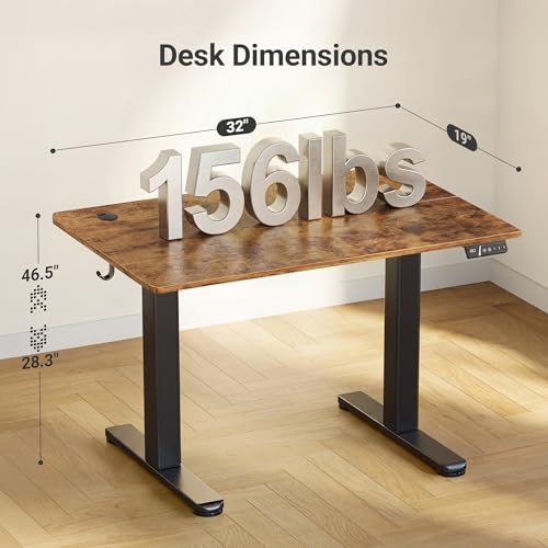 Claiks Electric Height Adjustable Standing Desk, 32x19 Inch, Rustic Brown | Smooth Height Adjustment, 3 Memory Presets, Cable management hub & hook, Stable Steel Frame, 156 lbs Capacity, Easy Assembly - color: Rustic Brown, size: 32