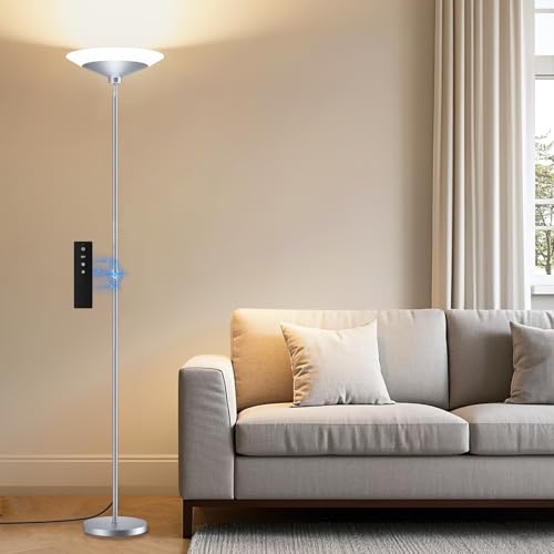 Silver Torchiere Floor Lamp - 30W Dimmable LED Standing Lamp with Remote/Button Control, 1800Lm, 3000-6500K, 72in Bright Standing Pole Light for Living Room Bedroom Office Corner - color: Silver Gray