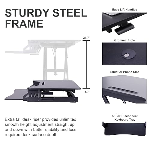 Rocelco Sit/Stand Desk Riser - 33 lb Load Capacity - 21.3" Height x 43" Width x 20.5" Depth - Desktop, Desk - Black - For Monitor, Notebook, Keyboard - Keyboard Tray, Ergonomic, Grommet, Cable - color: Black, size: 43", style: Riser Only