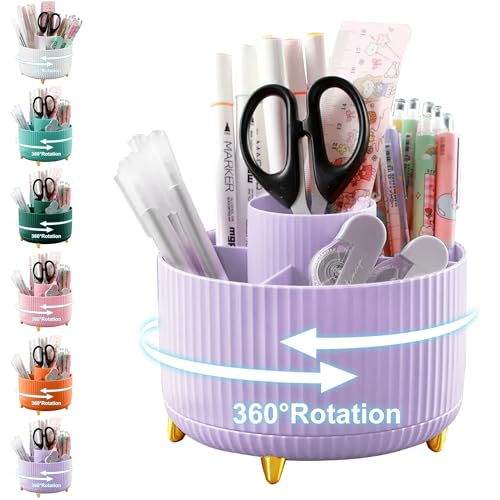 Cayxenful Pencil Holder For Desk,5 Slots 360°Degree Rotating Desk Organizers And Accessories,Desktop Storage Stationery Supplies Organizer, Cute Pencil Cup Pot For Office, School, Home (I-Purple) - color: I-Purple