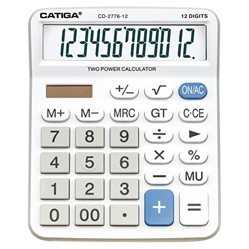 Premium Commercial 12-Digit Large Desktop Calculator with Huge 5-Inch LCD Display Screen, Giant Responsive Buttons, Battery and Solar Powered, Perfect for Home/Office Accounting Finance Use, CD-2776 - color: White (Commercial)