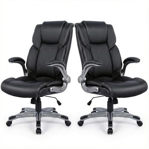 Ergonomic Executive Office Chair with Lumbar Support, Flip-Up Arms, Bonded Leather High Back Desk Chair for Home Office & Workstation, Comfortable Computer Chair for Adults Men Women – Black Set of 2 - color: Black, size: set of 2