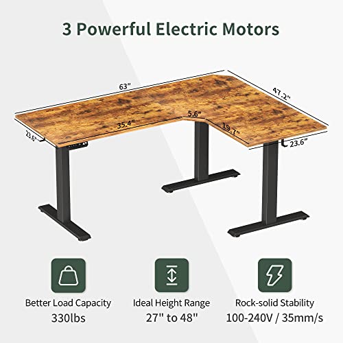 FEZIBO Triple Motor 63" L Shaped Standing Desk, Electric Standing Gaming Desk Adjustable Height, Corner Stand up Desk with Splice Board, Black Frame/Rustic Brown Top - color: Rustic Brown, size: 63 Inch