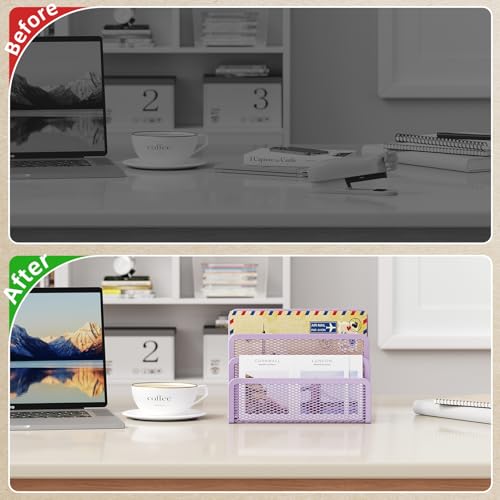 Marbrasse Mail Organizer for Desk, 3-Slot Mesh Metal Mail Holder countertop, Letter Holder, Office Desktop Envelope and Document Storage Rack (Purple) - color: Purple