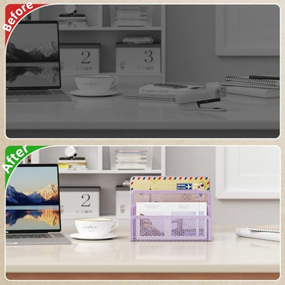 Marbrasse Mail Organizer for Desk, 3-Slot Mesh Metal Mail Holder countertop, Letter Holder, Office Desktop Envelope and Document Storage Rack (Purple) - color: Purple