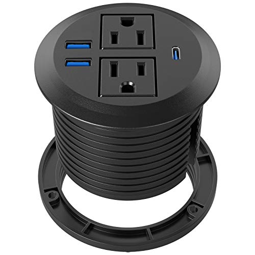 Recessed Power Grommet with AC Outlets, 20W USB-C,Flush-Mount,Black | 3inch Hole Flush-Mount for Desktop,Workspace Essential Desk Outlet,ETL Listed - color: Black