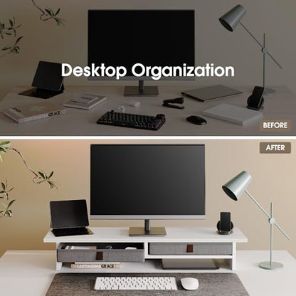 Fenge 35 Inch Monitor Stand with Drawer Storage, Computer Riser for Desk - color: White