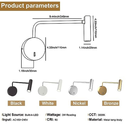 ZEROUNO Wall Mounted Reading Light for Bedroom LED Hardwired Sconce with Switch on/Off Modern 3000K Swing Arm Bedside Wall Mount Lamp (Black) - color: Black