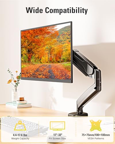 Single Monitor Mount, Gas Spring Monitor Arm for 17-32 Inch Computer Screens, Adjustable Monitors Stand for Desk, 75x75/100x100mm VESA Mount, with Clamp and Grommet Base, Holds 4.4-17.6lbs