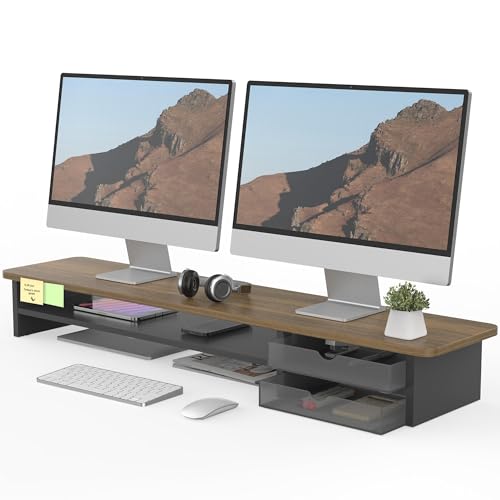 Fenge Monitor Stand, Desk Computer Riser with Frosted Storage Drawer, Brown - color: Brown