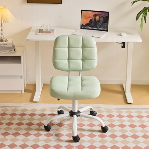 VINGLI Compact Small Desk Chair, Cute Armless Chair with Wheels, Vanity Chair with Low Back, Height Adjustable Task Chair for Small Spaces, Office, Bedroom, Make Up Room, PU Leather, Mint Green - color: Mint Green