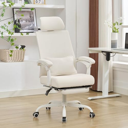 Qulomvs Ergonomic Office Chair with Footrest Home Office Desk Chair with Headrest and Backrest Adjustable Mesh Computer Desk Chair with Wheels 360 Swivel Task Chair - color: Cream White(upgrade Comfort With Pillow)
