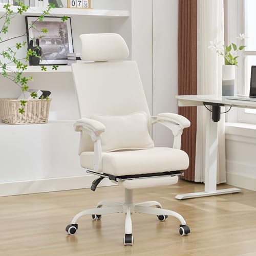 Qulomvs Ergonomic Office Chair with Footrest Home Office Desk Chair with Headrest and Backrest Adjustable Mesh Computer Desk Chair with Wheels 360 Swivel Task Chair - color: Cream White(upgrade Comfort With Pillow)