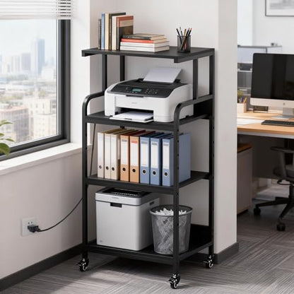 Black 4 Tier Adjustable Shelf Mobile Printer Stand Rolling Storage Cart | Space saving design fits small home office spaces supports scanner cricut heat press fax machine and other office equipment - color: 4-Tier Black