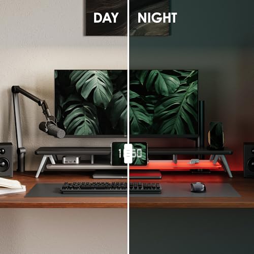 Fenge Dual Monitor Stand with 8-Mode LED Lights and Frosted Shelf, Black | Sturdy Aluminum Legs, Built-In Phone & Tablet Slot, 2-Tier Storage, 42.5-Inch Desk Shelf for Gaming, Home Office & Streaming - color: Black