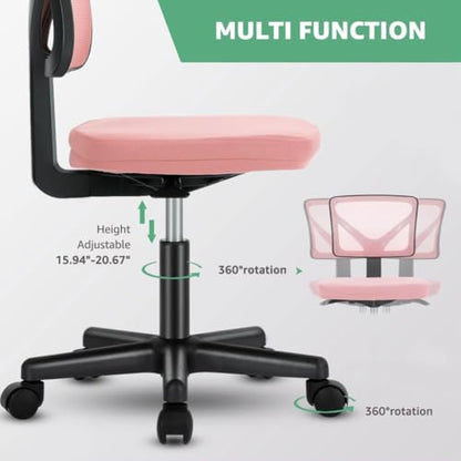 Armless Mesh Office Chair, Ergonomic Low Back Deskchair, Adjustable Rolling Task Computer Swivelchairs for Small Spaces Home Bedroom Study, Pink - color: Pink