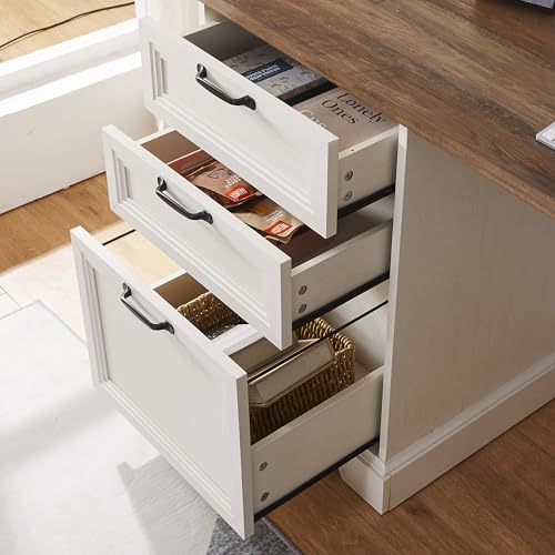 60" Professional Office Desk with Charging Station,Business Desk with 2 Drawers &1 File Cabinet,Farmhouse Executive Desk for Office and Home (Off-White) - color: Off-white