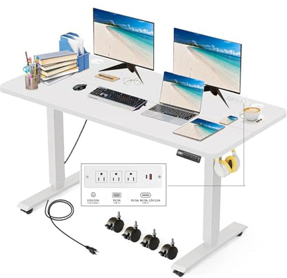 48''×24'' Electric Standing Desk with Power Outlets & Wheels, White - color: White, size: 48×24''