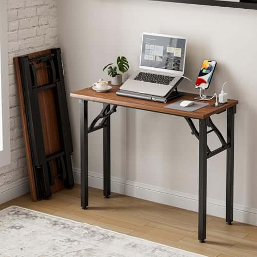 Small Folding Computer Desk – 35.8 Inch Portable Table for Craft and Study, Lightweight Desk for Small Spaces, Foldable Laptop Table Built-in AC/USB Outlets for Convenience, Dark Walnut - color: Dark Walnut, size: 35.8 X 15.7 Inch, style: With Power Outle