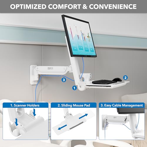Mount-It! MedHub Wall-Mounted Medical Workstation | Height-adjustable monitor & keyboard arm with folding tray and sliding mouse pad for clinics, exam rooms & dental.