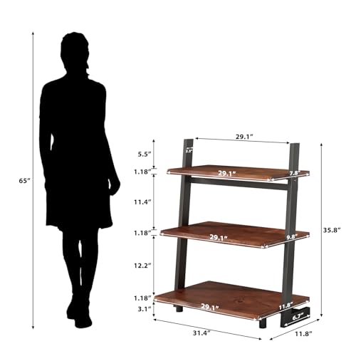IBF 3-Tier Solid Wood Ladder Bookshelf with Natural Live Edge | Rustic Walnut Storage & Display Leaning Bookcase, Modern Space-Saving Shelf for Living Room, Bedroom, Home Office - size: 3 Tier