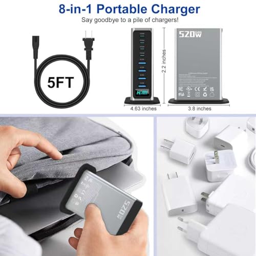 520W USB C Charger Station, 8-Port (4C+4A) GaN Fast Charger Block, 100W PD PPS for MacBook/iPad/iPhone, with PFC & Anti-Slip Base, Ventilation Design, Include 1.5M 100W Cable & Cable Organizer - color: silver
