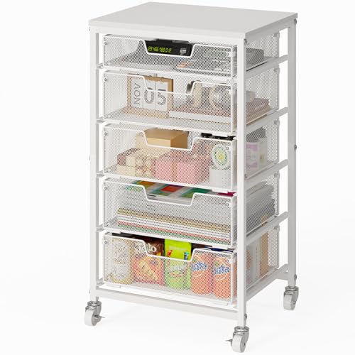 Sbanmao 5 Drawers Rolling Utility Cart, Storage Drawer Cart with Wooden Top, Rolling Storage Cart on Lockable Wheels, Metal Utility Cart & Craft Storage Cart for Bedroom, Classroom, Office, White - color: White | New Model, size: 5 Drawers