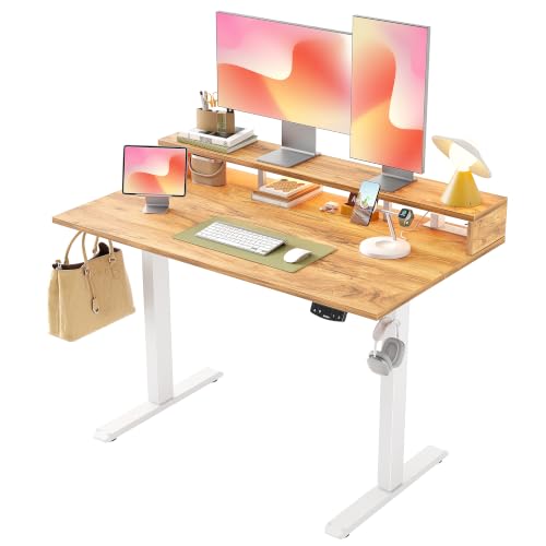 Agilestic 48x24 Inch Electric Standing Desk with Shelf, Height Adjustable Desk with Power Outlets & LED, Sit Stand Up Table with Monitor Stand, Computer Workstation, Light Rustic Brown - color: Light Rustic Brown, size: 48 x 24 Inches with led and power s