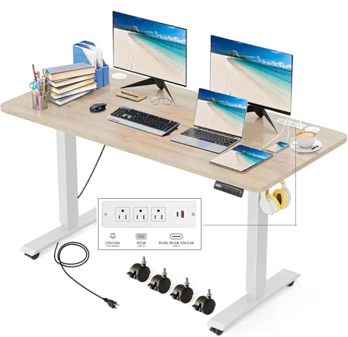 55'' × 24'' Electric Standing Desk with Power Outlets & Wheels, Oak - color: Oak, size: 55×24''