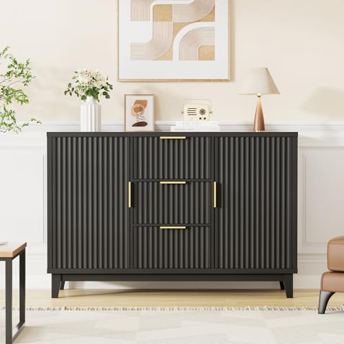 47.2" W Storage Cabinet with 3 Drawers, Fluted Buffet Cabinet with Storage - color: Black, size: 3 Drawers - 15.7"D x 47.2"W x 31.5"H