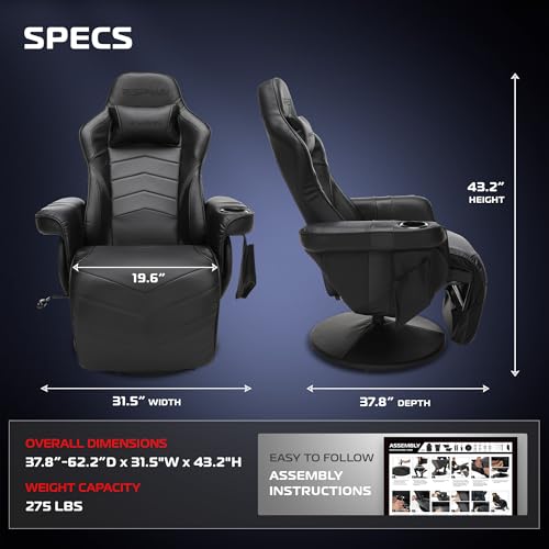 Respawn 900 Gaming Recliner Chair with Footrest, Cup Holder and Swivel | Ergonomic gaming recliner with footrest, cup holder, lumbar support, 135° recline & 360° swivel for console gaming - color: Black
