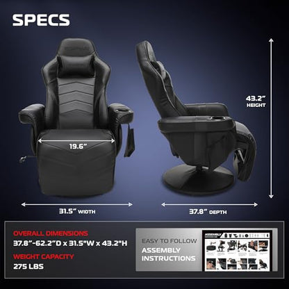 Respawn 900 Gaming Recliner Chair with Footrest, Cup Holder and Swivel | Ergonomic gaming recliner with footrest, cup holder, lumbar support, 135° recline & 360° swivel for console gaming - color: Black