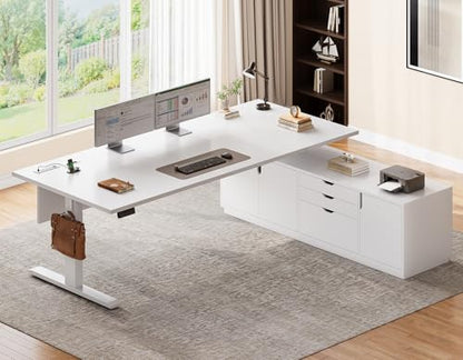 SEDETA 71" Executive Large L Shaped Electric Standing Desk, White | Height Adjustable Executive Desk with 3 Drawers and Cabinet,Sit Stand Up Home Office Desk with Power Outlets & Side Hook - color: White
