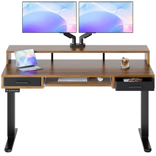 HUANUO 55″ x 26″ Electric Standing Desk with 2 Drawers &24.4″ Large Keyboard Tray, C-Clamp Mount Compatible, Adjustable Computer Desk for Office, Sit Stand Up Desk with 4 Height Presets, Deep Walnut - color: Deep Walnut, size: 55*26 inch