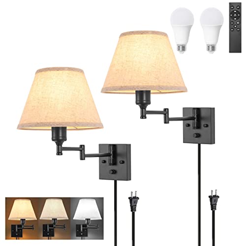 TRLIFE Wall Sconce with Remote Control, Dimming 10%-100% and Adjustable Color Temperature 2700K-6500K Swing Arm Wall Lights with Plug in Cord, 9.4" Medium Beige Fabric Shade(2 Pack, 2 Bulbs Included) - color: Beige-Remote, size: Medium