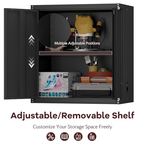 Steel Wall Cabinet, Metal Locking Wall Cabinet, Hanging Metal Cabinet for Garage Tool Storage, Wall Mount Tool Cabinet for Garage, Laundry Room, Office, Black - color: 28"h - Black