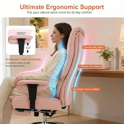 EXCEBET Big and Tall Office Chair 400lbs Wide Seat, Leather High Back Executive Office Chair with Foot Rest, Ergonomic Chairs Lumbar Support for Lower Back Pain Relief (Light Pink) - color: Bright Pink