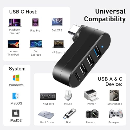VIENON 4-Port USB C Hub [90°/180° Degree Rotatable], USB C Adapter Splitter with PD-in 5W Port, USB Extender for MacBook, iMac, Surface, and More C Port Laptop(Not for Car) - style: USB-C