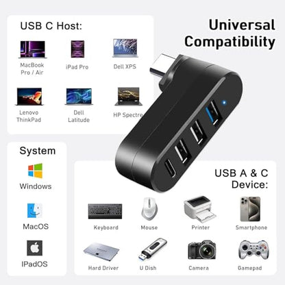 VIENON 4-Port USB C Hub [90°/180° Degree Rotatable], USB C Adapter Splitter with PD-in 5W Port, USB Extender for MacBook, iMac, Surface, and More C Port Laptop(Not for Car) - style: USB-C