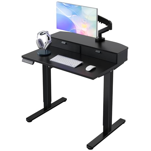 HUANUO 32" X 21" Electric Standing Desk with 2 Drawers, C-Clamp Mount Compatible, Height Adjustable Computer Desk, Home Office Stand Up Desk with 4 Preset Heights & 2 Hooks, Black - color: Black, size: 32" X 21"