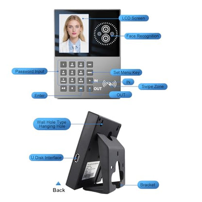 Employee Time Clock-Time Clocks for Employees Small Business Face Recognition,Badges&PIN Attendance Machine, 0 Monthly Fee Office in/Out Punch Clock, with 5 Badges & USB Flash Drive-T500