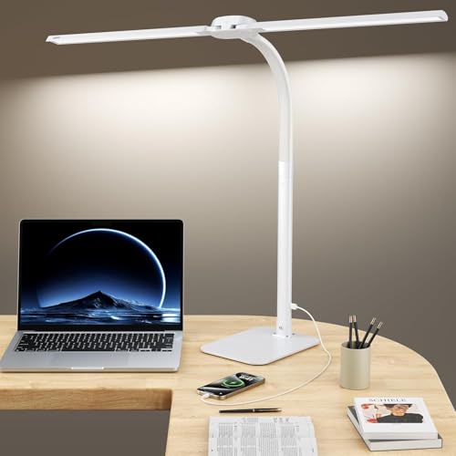 24W LED Desk Lamp for Home Office, 1500lm Dual Head Task Light with Remote | Tall Architect Lamps for Reading, USB Charging Port, Eye Caring, Dimmable 5 Color Modes, Adjustable Gooseneck, Timer, Base - color: White