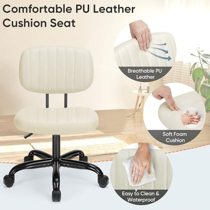 DUMOS Armless Home Office Chair: Small Desk Chair with Low Back Lumbar Support, Height Adjustable PU Leather Computer Task with 360° Swivel Wheels, for Adults, Beige - color: Beige