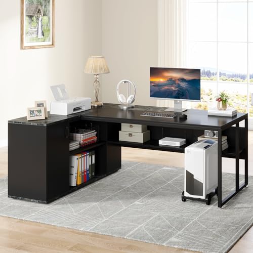 Tribesigns 71 inch Executive Desk, L Shaped Desk with Cabinet Storage, Executive Office Desk with Shelves, Business Furniture Set Workstation for Home Office, Black - color: Black