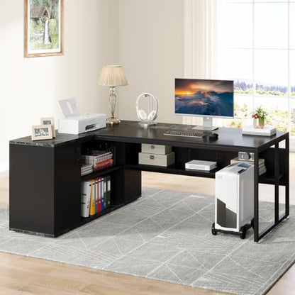 Tribesigns 71 inch Executive Desk, L Shaped Desk with Cabinet Storage, Executive Office Desk with Shelves, Business Furniture Set Workstation for Home Office, Black - color: Black