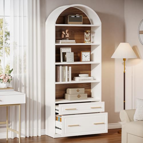 Tribesigns 76.8" Tall Arched 5-Tier Bookcase with File Cabinet Drawer - color: White