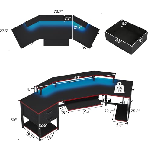 SEDETA 79" Gaming Desk with Fabric Drawers Storage, LED Light & Power Strip | Carbon Fiber Black&Red Long Computer Desk with Monitor Stand, Keyboard Tray, CPU Shelf, CUP Holder, Hooks for Work, Writing - color: Carbon Fiber Black&red