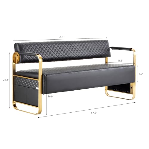 OmySalon Waiting Room Chairs with Arms, 57.5’’ Office Guest Chair upholstered Bench Seating, Reception Furniture for Beauty Salon Barbershop Airport Bank Hall Room Conference, Black&Gold
